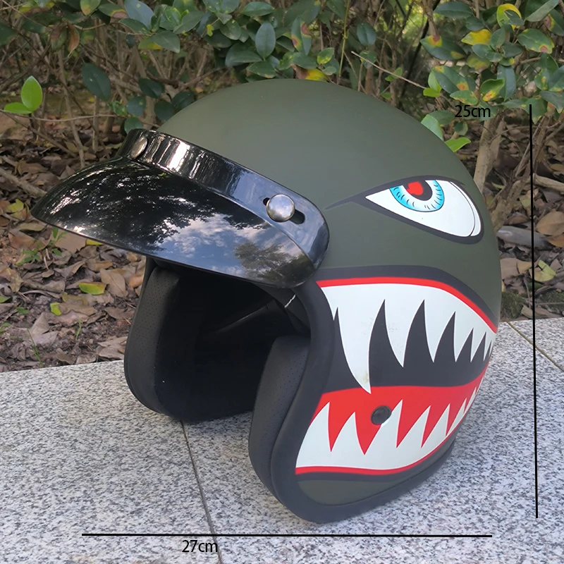 3 أنماط الرجعية العسكرية الخضراء شخصية القرش طباعة نصف خوذة دراجة نارية خوذة الرجال سميكة مريحة بطانة قابلة للإزالة