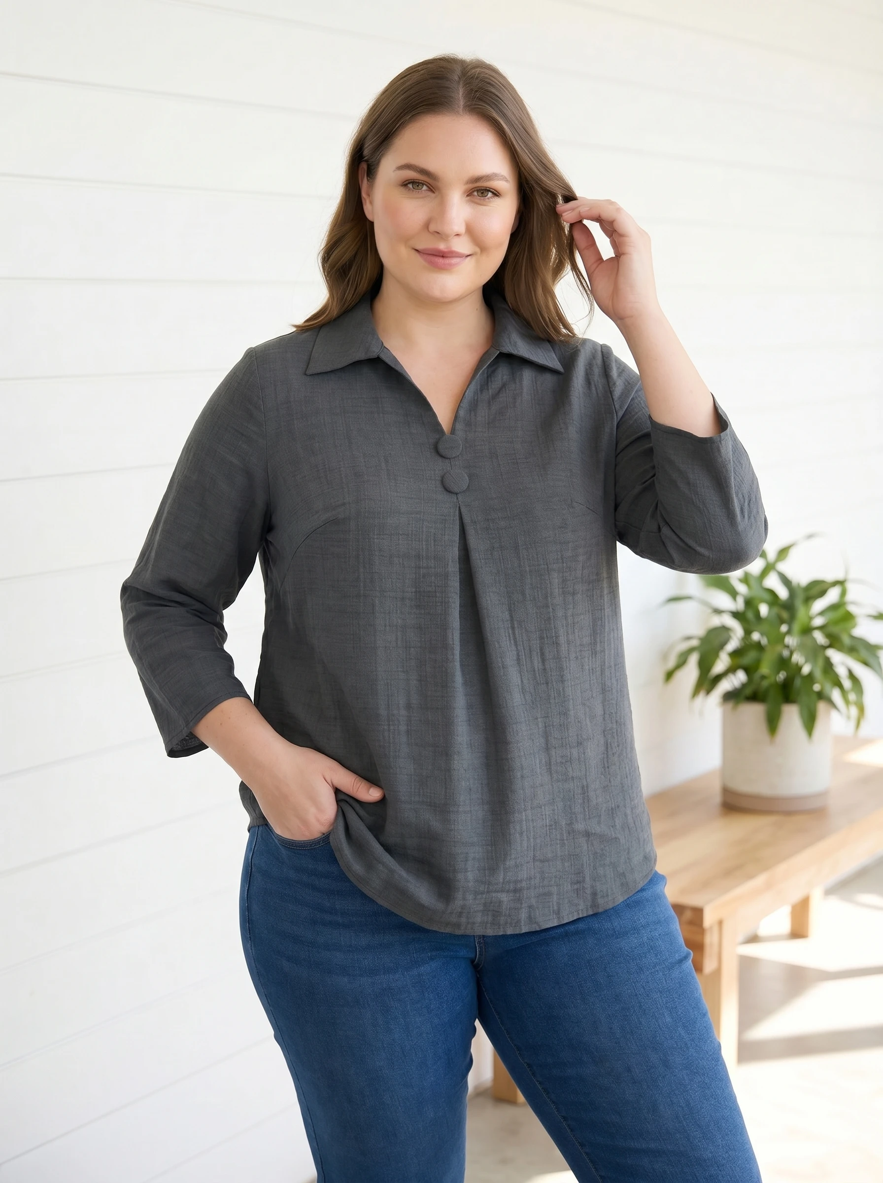 Rosa Fera Plus Size Women Loose Fit Blouse Turn Down Collar 3/4 Sleeve Casual Top Button Front Shirt image 3