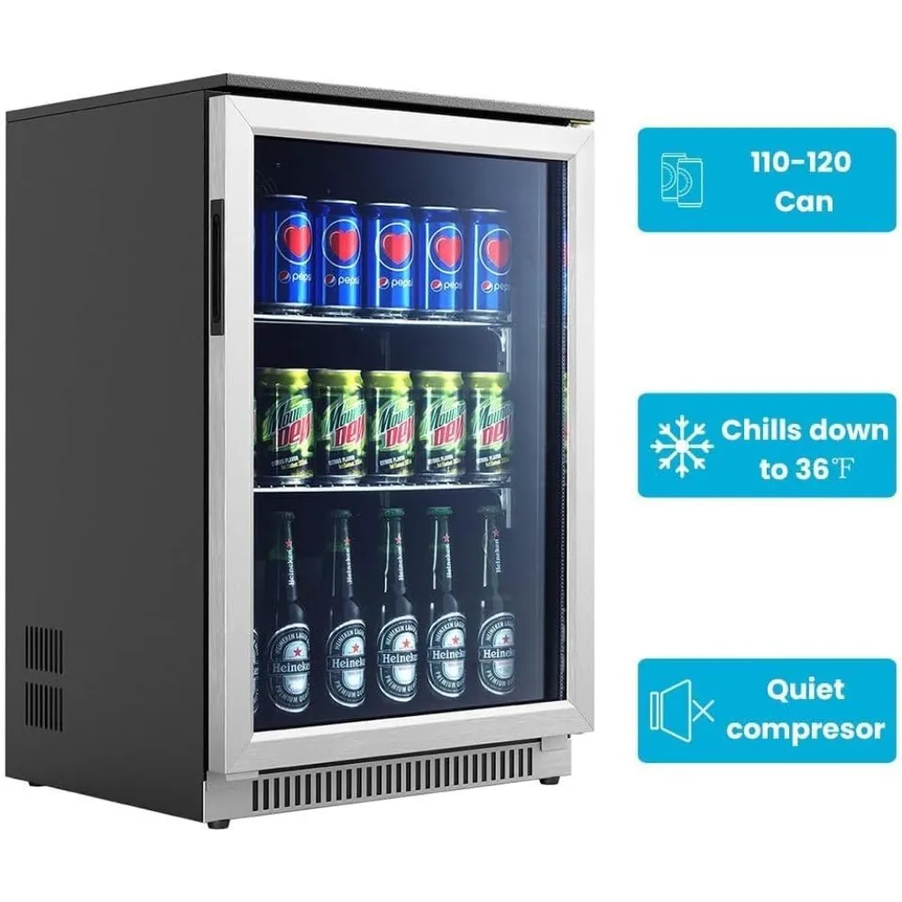 20 Inch Wide Built in Beverage Refrigerator with Clear Glass Front Door, 120 Can Under Counter Cabinet Soda Beer Drink