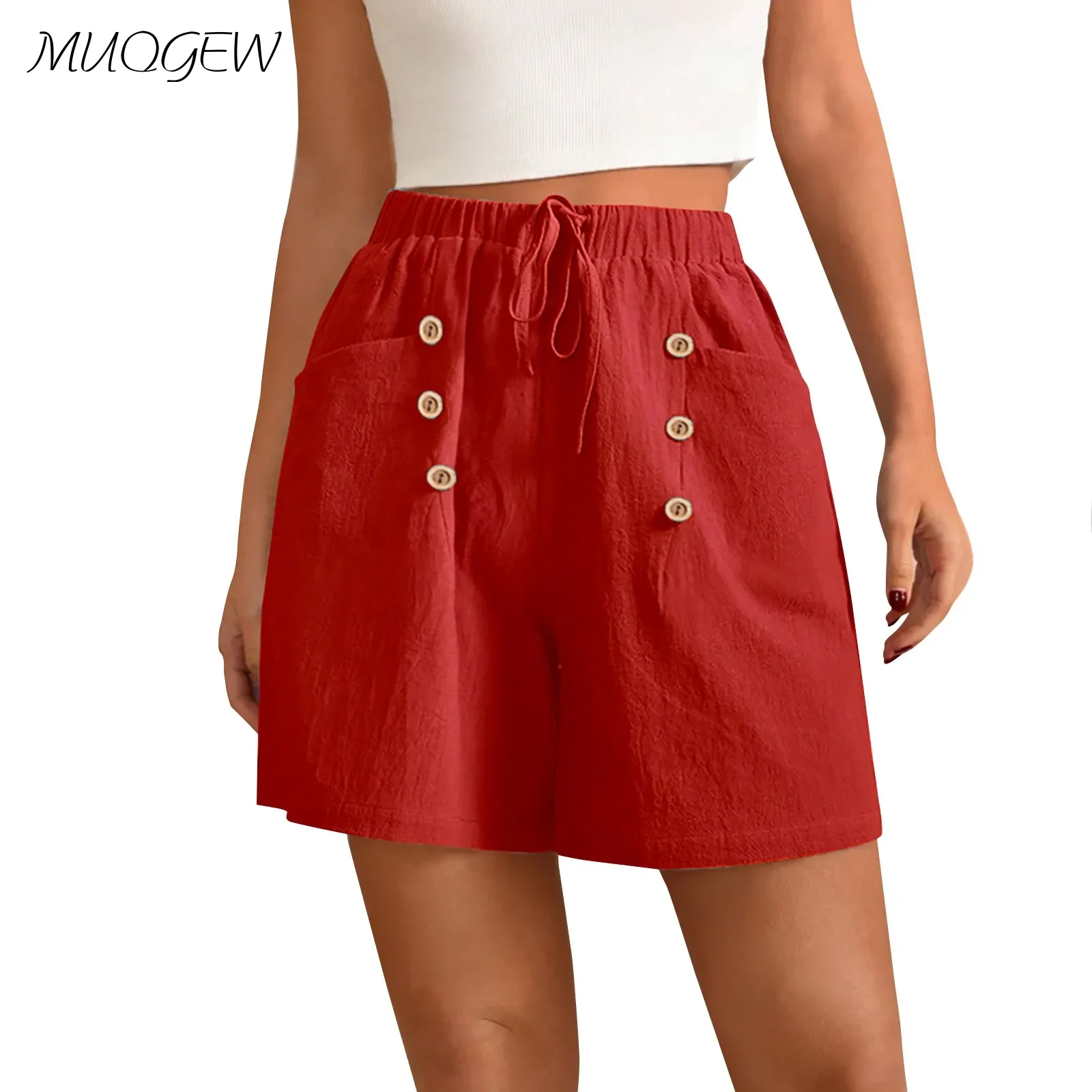

Fashionable Women'S Shorts Casual High Waist Drawstring Shorts 2024 Summer New Linen Button Solid Color With Pockets Shorts
