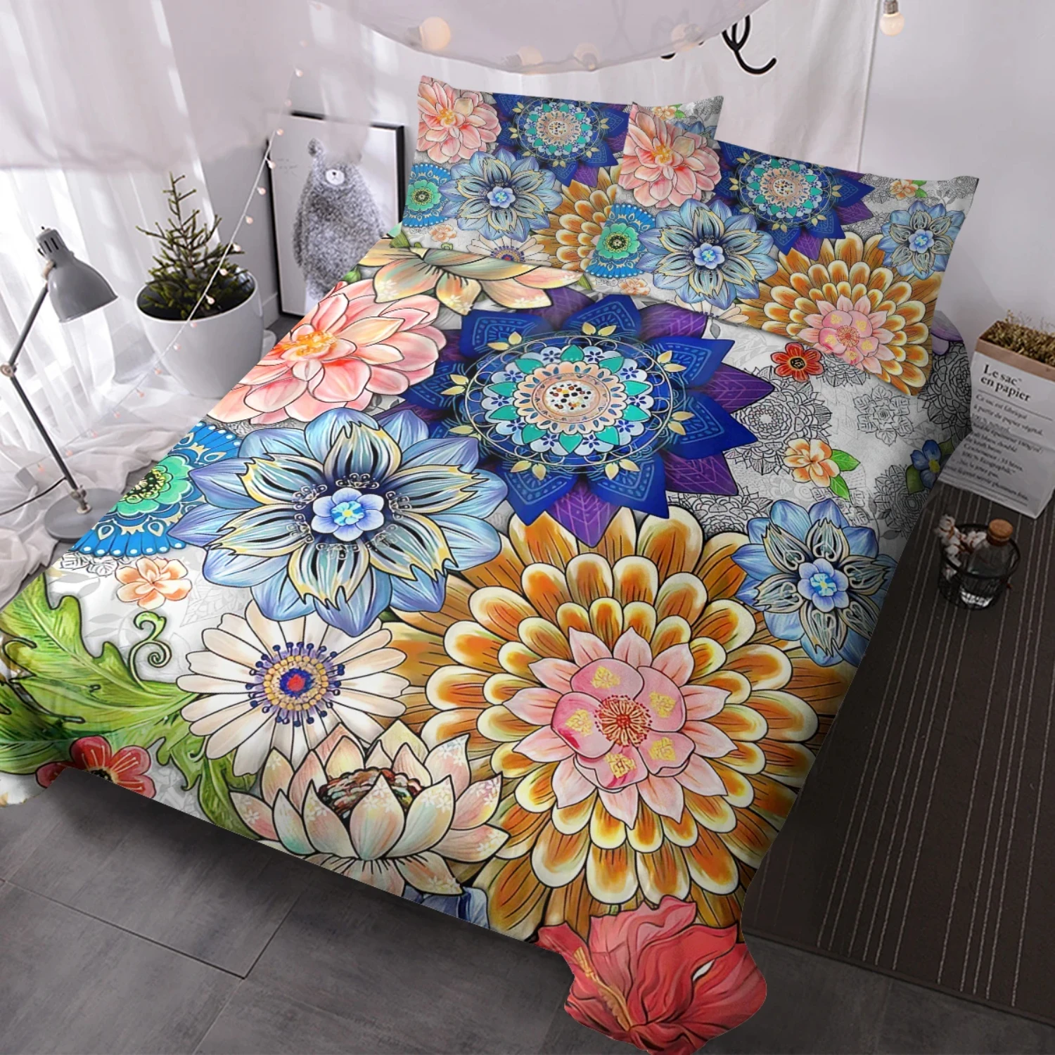 Vintage Bohemian Floral Bedding Sets for Girls and Women - 3 Piece Duvet Cover Comforter Sets Kawaii bedding sets Full bed set