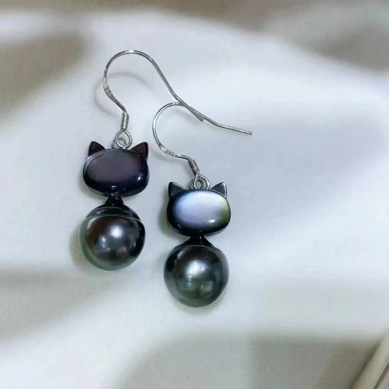 

100% Natural Seawater 9-10mm Tahitian Baroque Black Pearl Earrings Black and White Butterfly Fritillaria Cute Cat Unique Jewelry