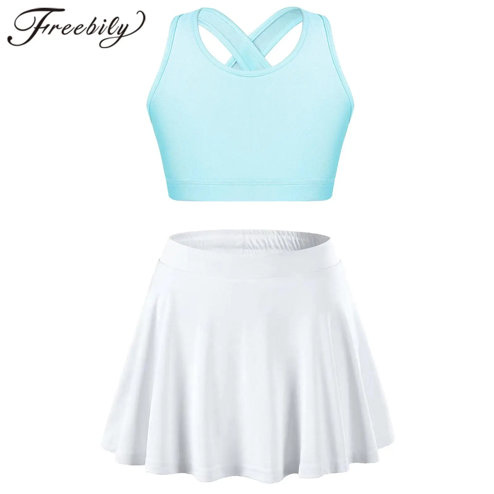 Kids Girls Sleeveless Crop Top Pleated Skort Skirt Sports Suits Tracksuits Child Two Pieces Sportswear for Tennis Workout Outfit