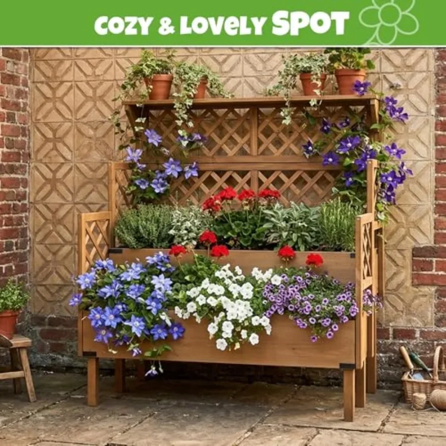 Elevated Raised Garden Bed with Trellis and 2 Planter Boxes, Planter Box with Drainage Slits Liner and Top Shelf, for Climbing