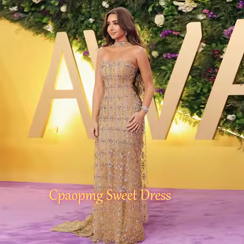 Luxury Dubai Beaded Nude Evening Dress with Scarf Elegant Strapless Arabic Prom Formal Party Gowns Customized