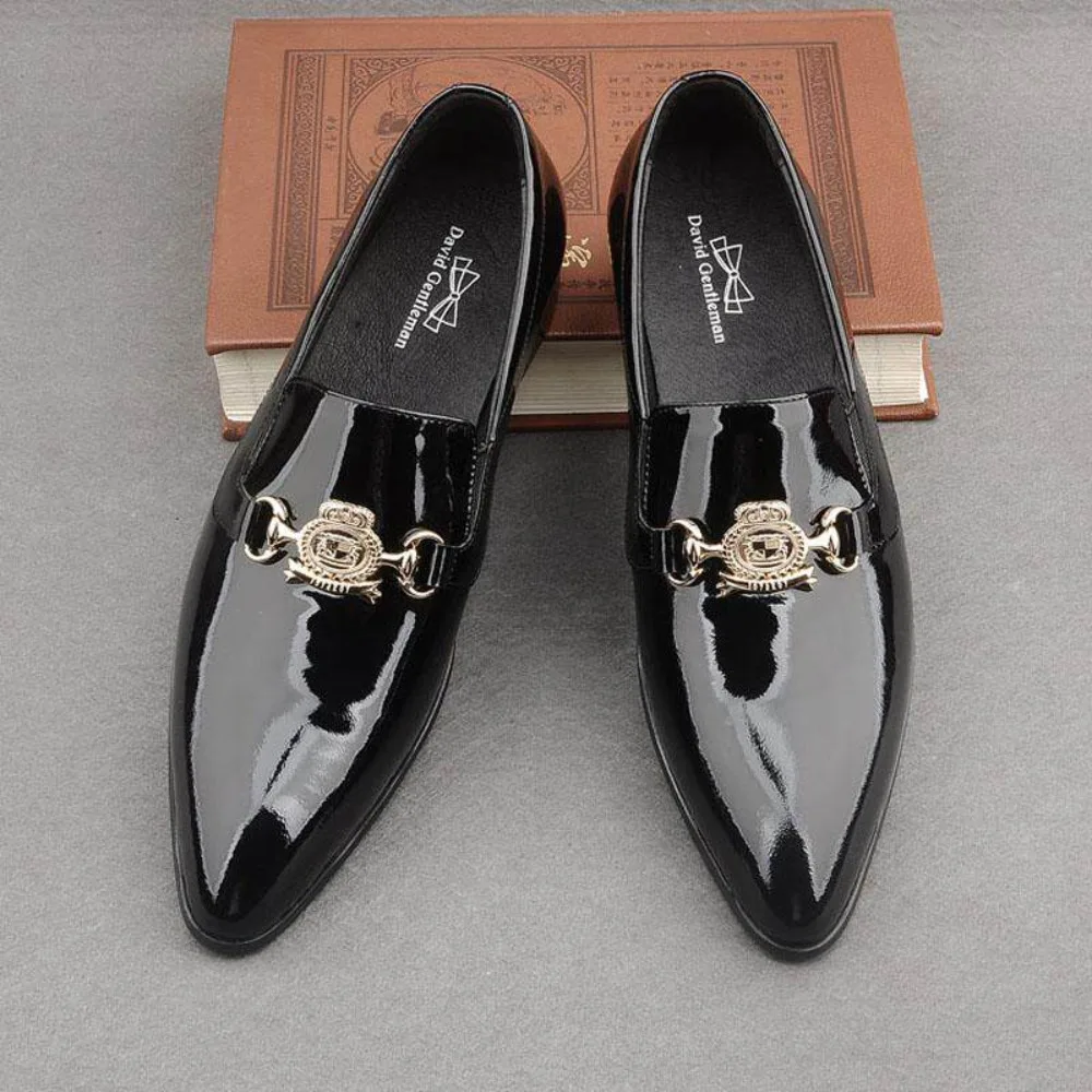 Summer Glossy Genuine Leather Pointed Toe Loafers for Men Youth Trendy Patent Leather Slip on Business Casual Dress Shoes