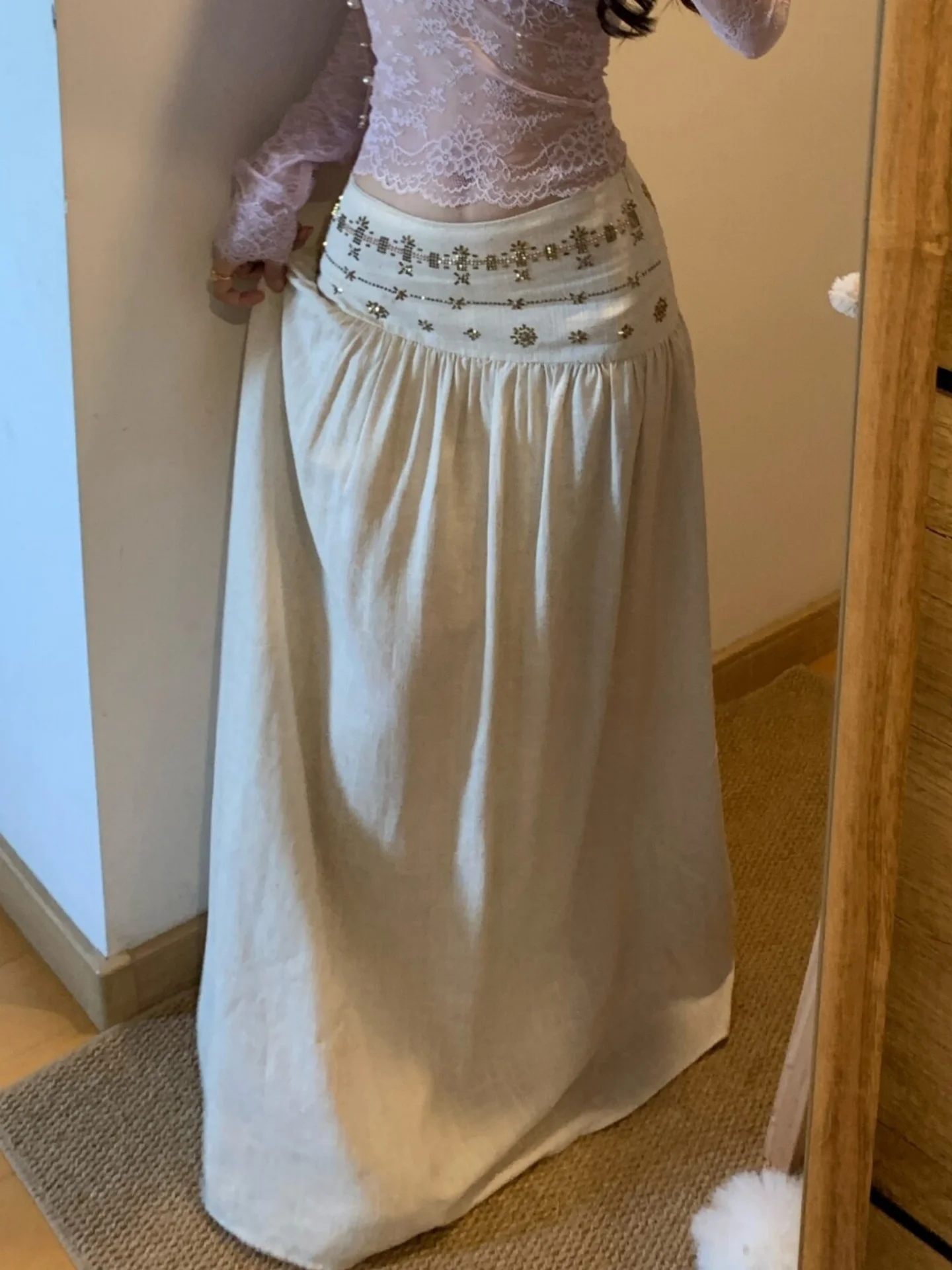 White Diamond Embedded High Waist A-Line Dress Women Summer Small Size Absolutely Beautiful Long Waist Cinching Skirt