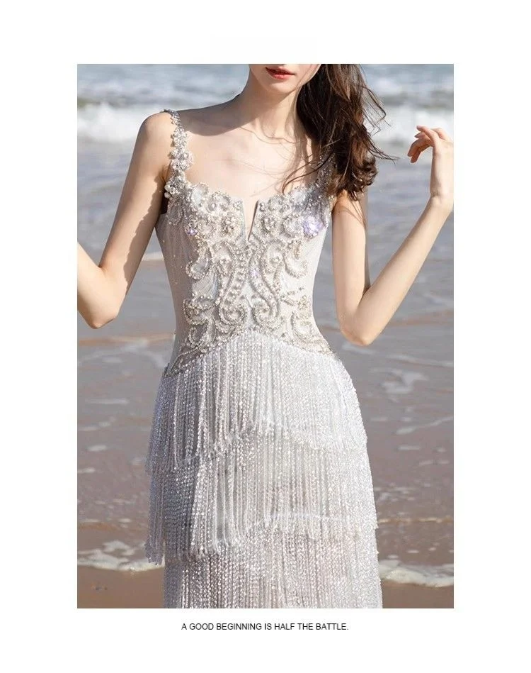 Ele prata vestido de noite feminino cinta borla luxo high-end noiva casamento dr ele sensação bola senhora anfitrião