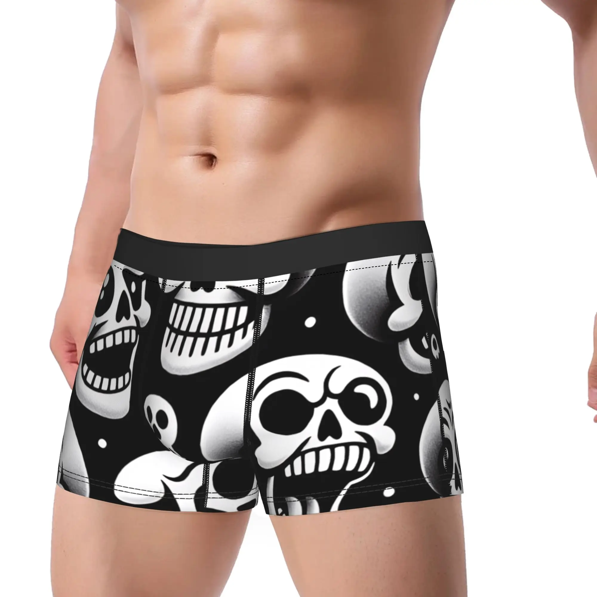 Cartoon Funny Expression Skulls Black Background Seamless Pattern Shorts Briefs  Underwear Men Elastic Trunk Oversize Underpants