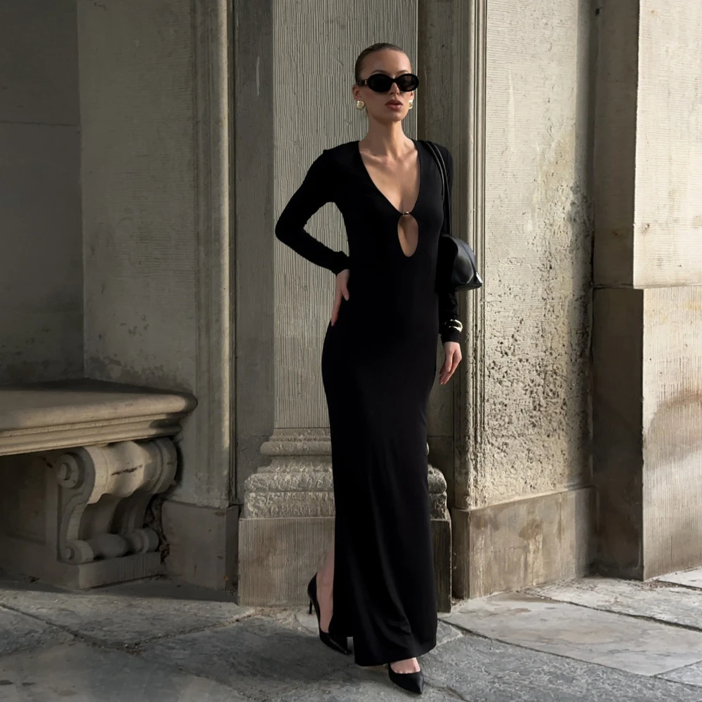 TWOTWINSTYLE Modna Sukienka Bodycon dla Kobiet z Dekoltem w Serek, Wycięciami, Długimi Rękawami, Wysokim Stanem, Elegancka Sukienka Damska