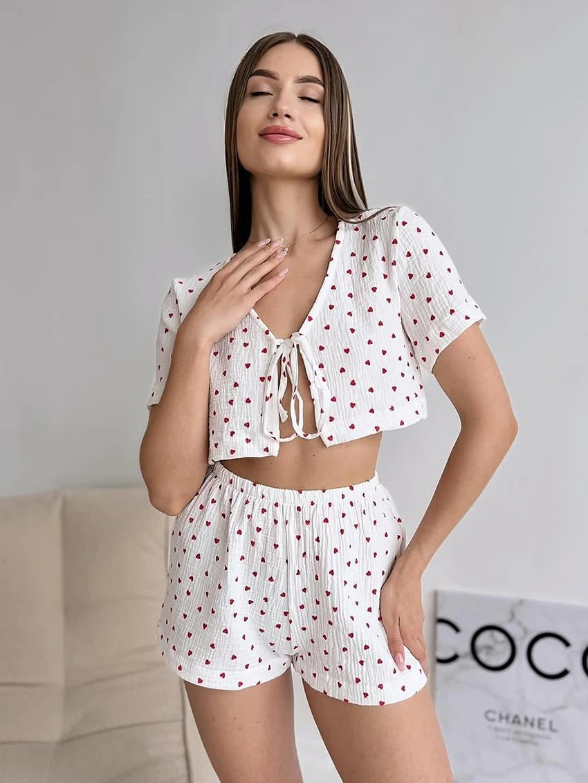 

Marthaqiqi Printing Ladies Pajama Suit Short Sleeve Nightie Sexy V-Neck Nightgown Lace Up Nightwear Shorts Cotton Sleepwear Sets