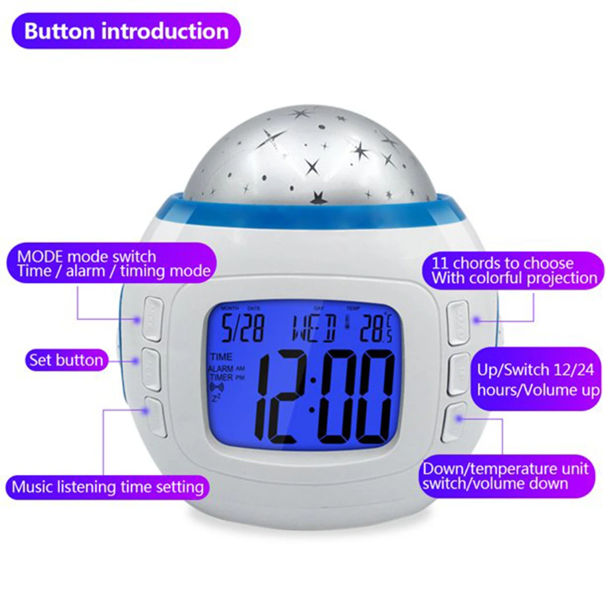 Reloj despertador con luz de proyección, despertador LED, luz de proyección, cielo estrellado, cambio de Color, luz nocturna junto a la cama para ...