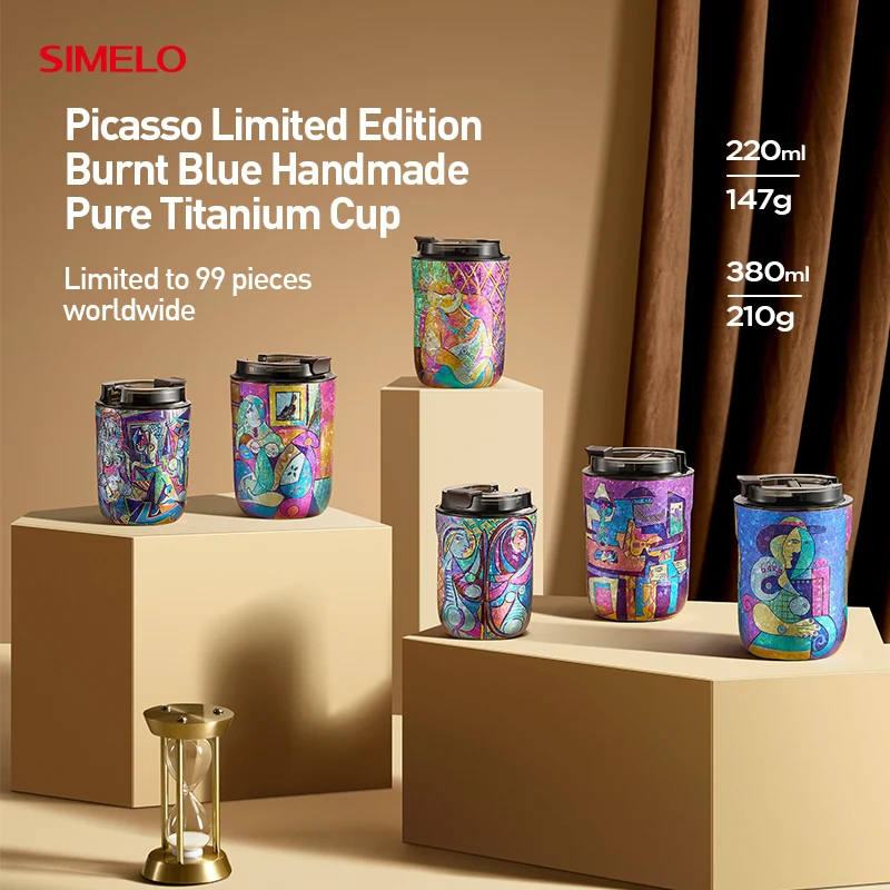 SIMELO Pure Titanium Coffees Insulated Mug Burnt Blue Handmade Customizable Picasso Series Thermos Vacuum Cup Gift Set