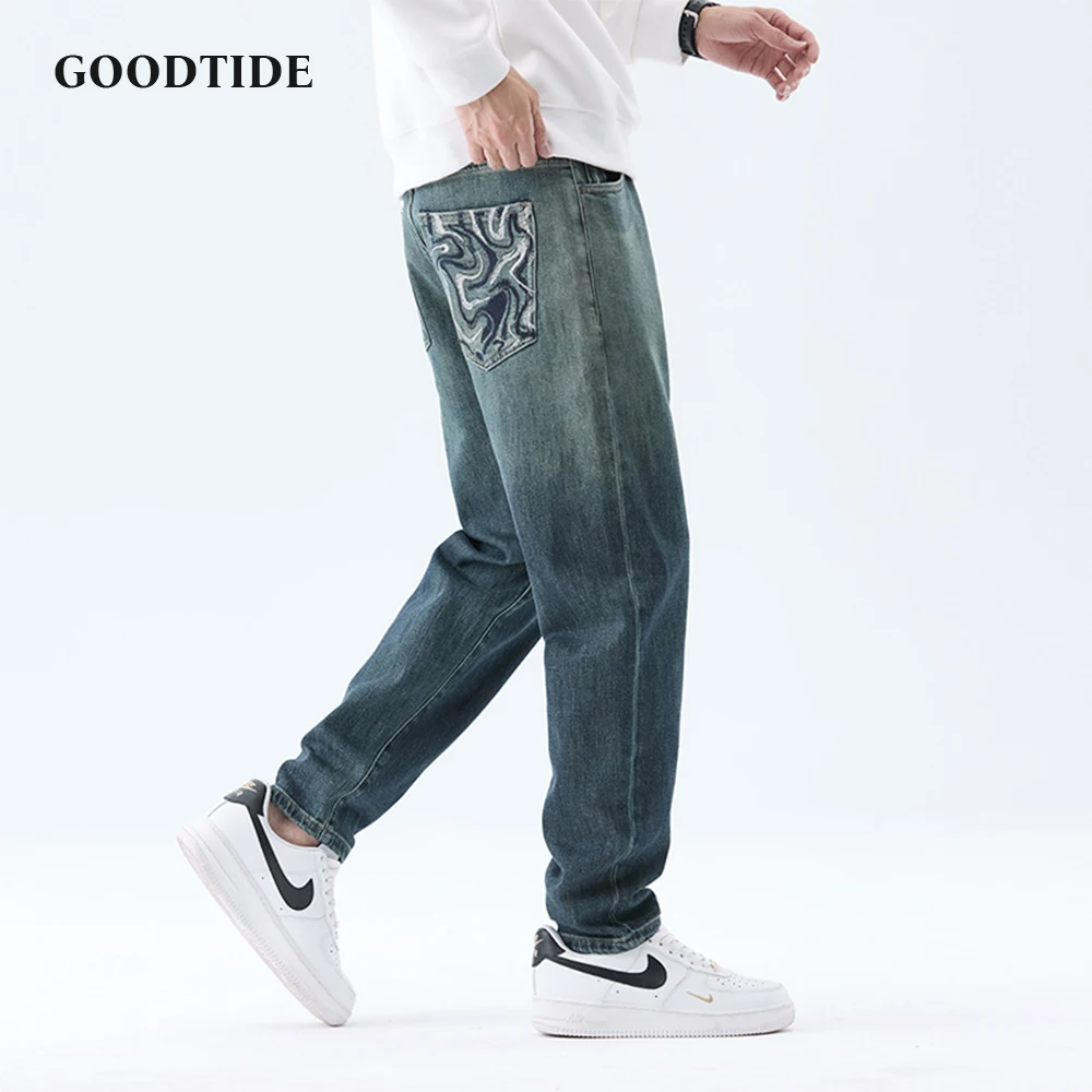 Fashion Men's Gradient Embroidery Pattern Leg Jeans 2025 Four Seasons High Street Wide Leg Casual Drapey Teenage Men Trousers