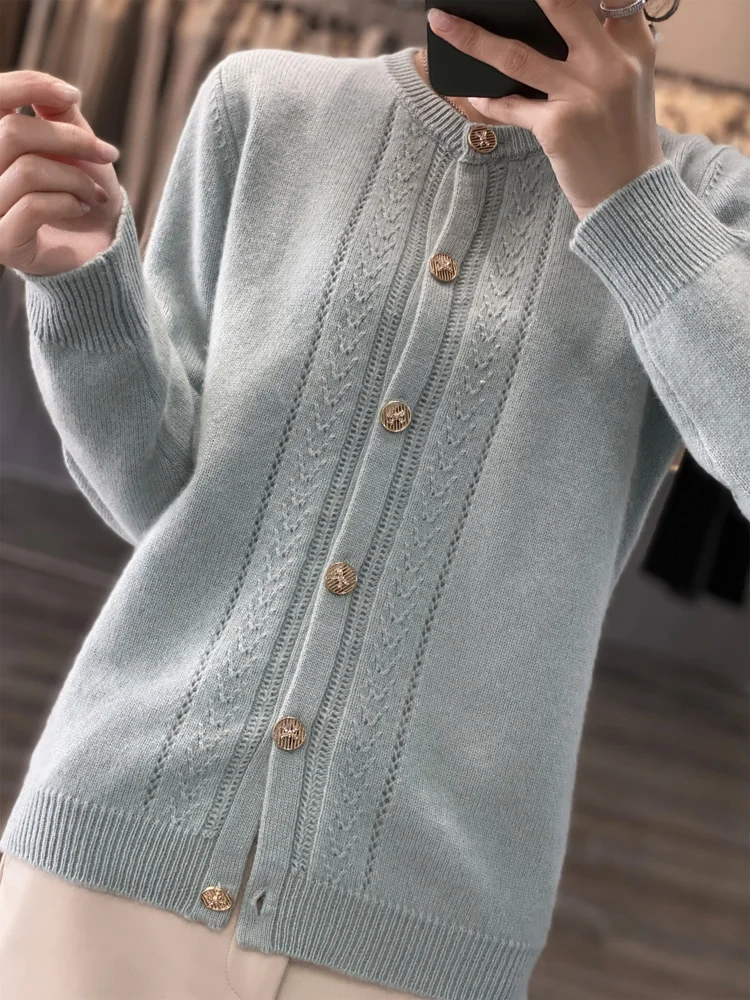 Addonee Women Sweater Autumn Winter O-neck Cardigan 100% Merino Wool Soft Knitted Coat Grace Clothing Chic