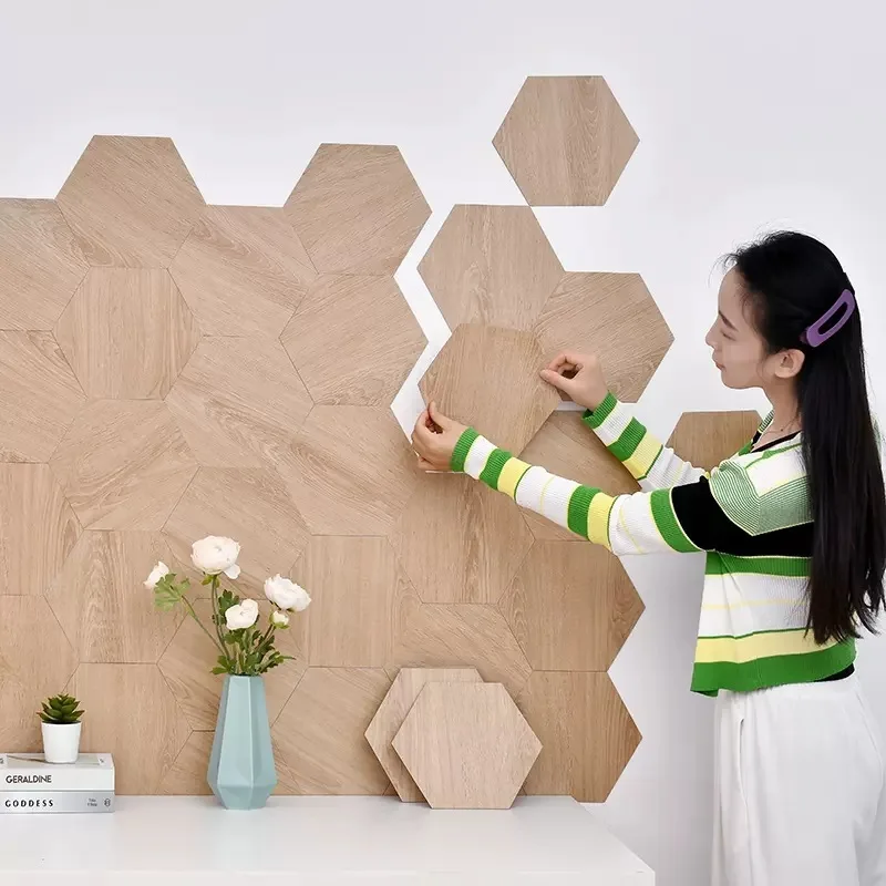 Imagem -02 - Auto-adesivo Adesivo de Parede Hexagonal Adesivo Impermeável tv Background Grão de Madeira Papel de Parede Cerâmico Decoração 20 Pcs