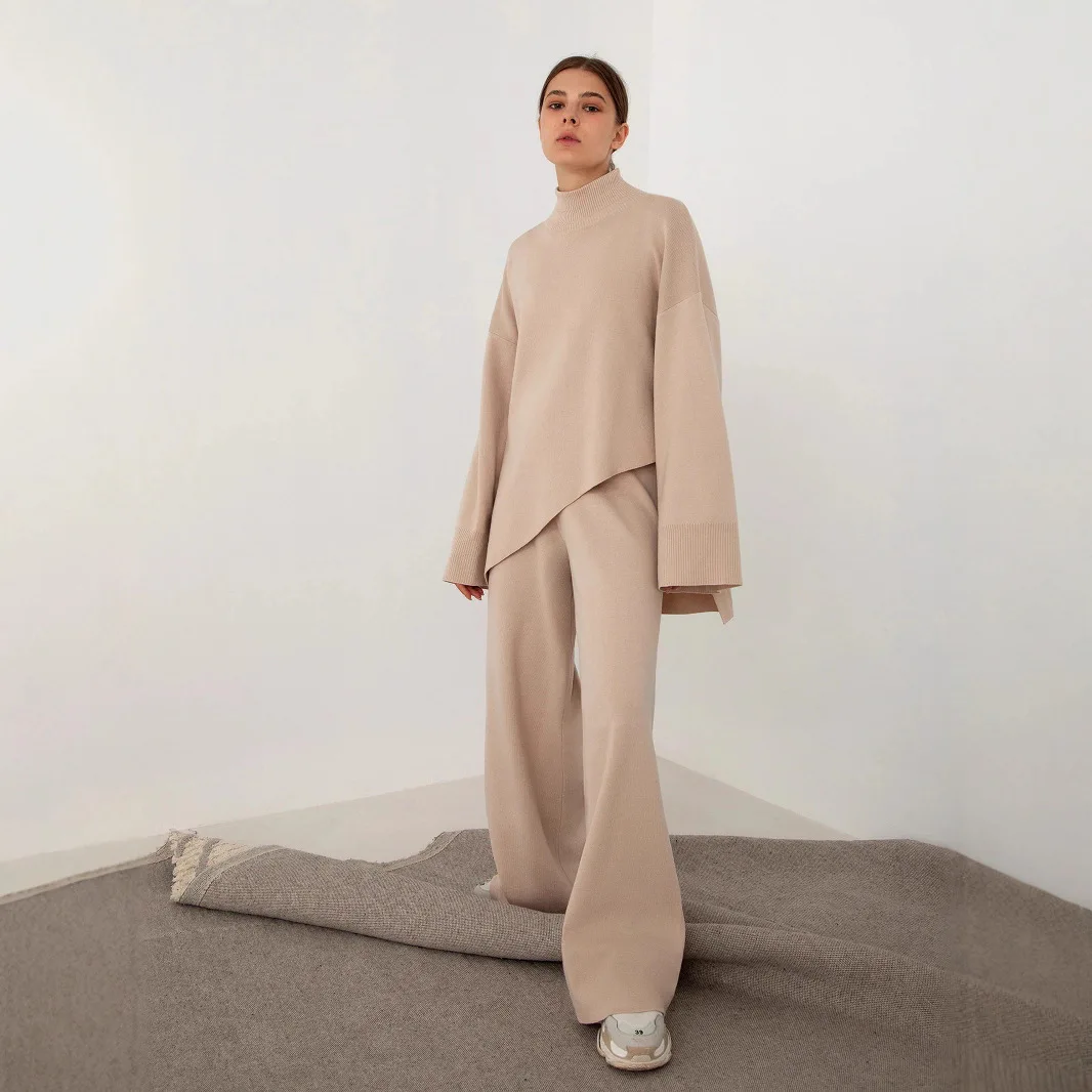 

Осень 2023, новый комплект полутянутых свитеров с нерегулярными наклонными краями, вязаные широкие брюки, комплект из двух предметов