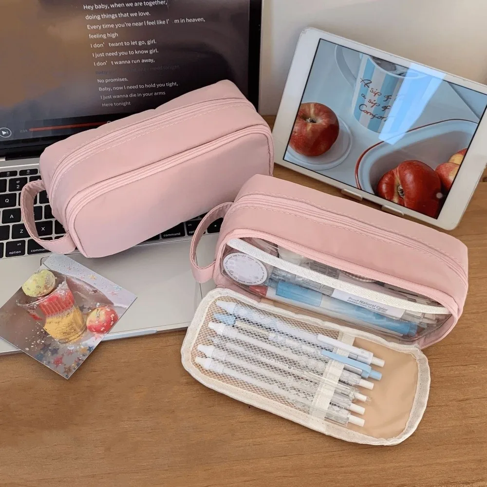 

Pink Cloth Korean Pink Stationery Bag Desktop Storage Cosmetics Card Pen Multilayer Pencil Case Aesthetic Ins Style