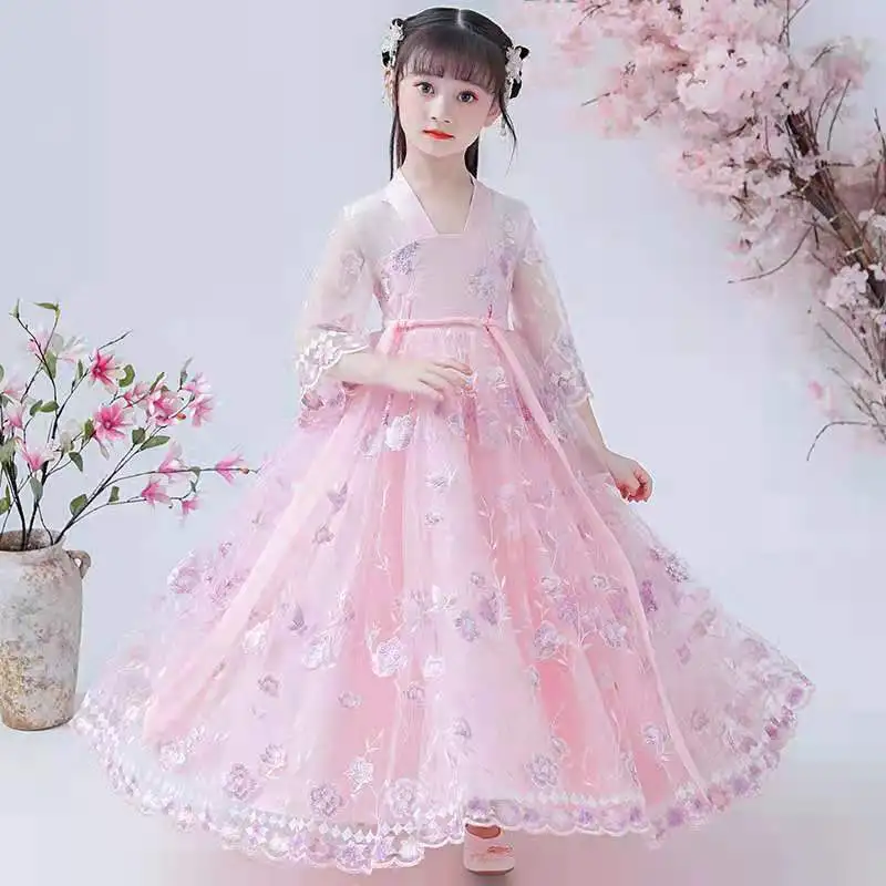 Nieuwe Kinderen Hanfu Jurk 2023 Zomer Dunne Gedeelte Chinese Stijl Hanfu Meisje Kostuum Kostuum Kinderen Jurk 2-5-12-14T