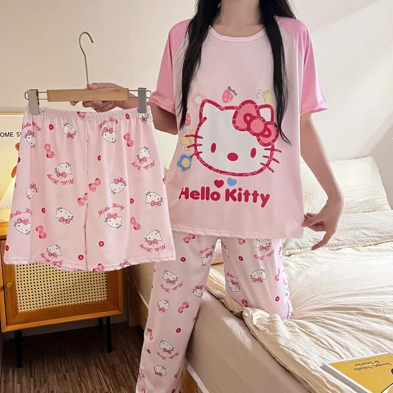 

Kawaii HelloKitty Pajamas Three-piece Set Cartoon Sanrio Cinnamoroll Summer Girls Short-sleeved Home Clothes Can Be Worn Outside