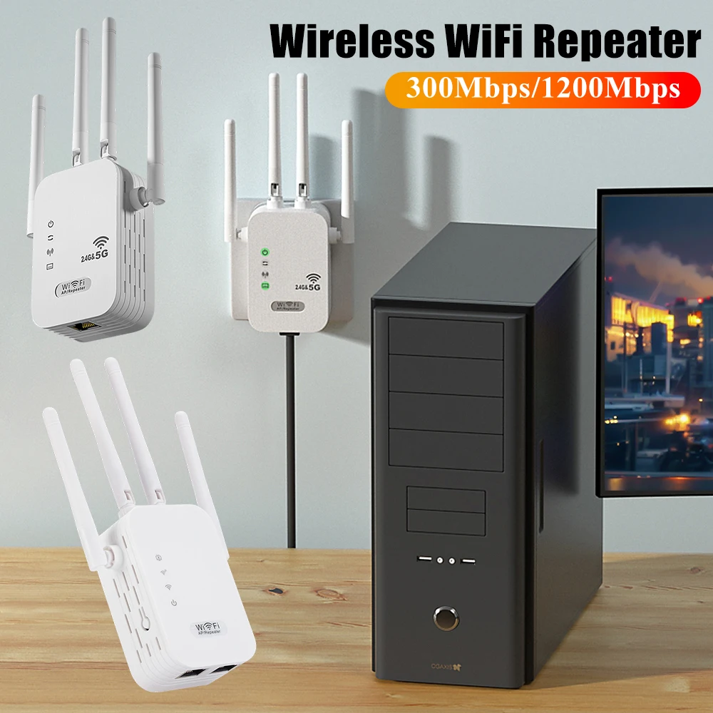 

1200Mbps/300MMbps Wireless WiFi Repeater Dual-Band 2.4GHz/5GHz Wi-Fi Signal Booster 4 Antennas EU/US Plug WiFi Signal Amplifier