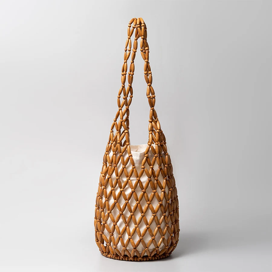 Women's Woven Handbag, Summer Design, Perforated Wooden Bead Handbag, Bucket Shoulder Bag, Mesh Canvas Beach Handbag