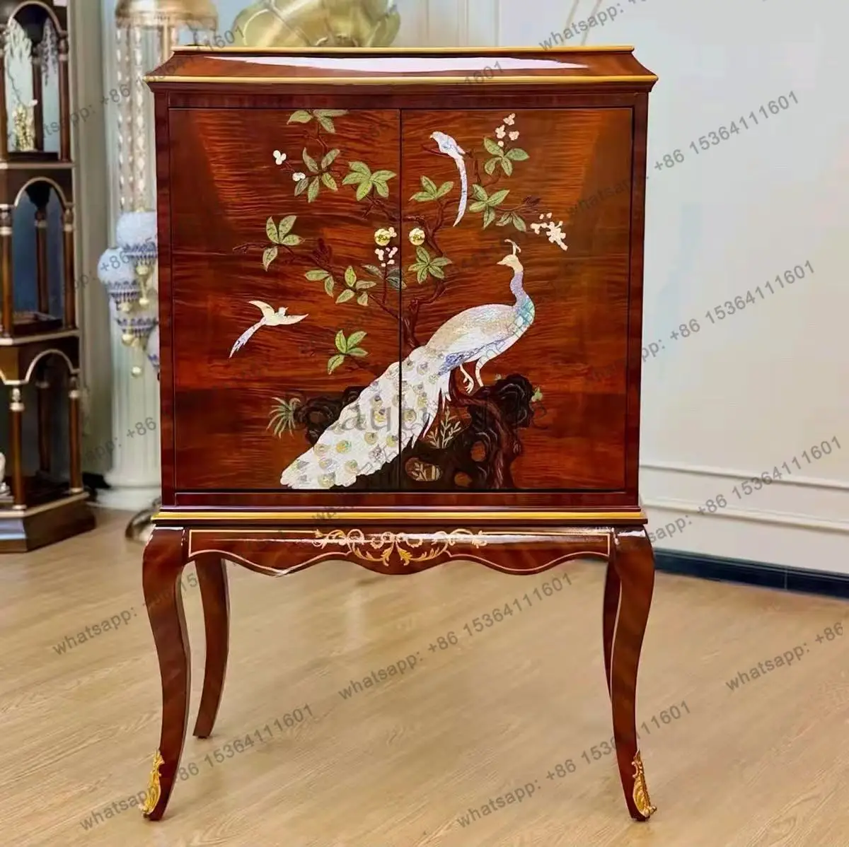 LD Dian shell inlaid peacock branches double door two chest multi-functional cabinet