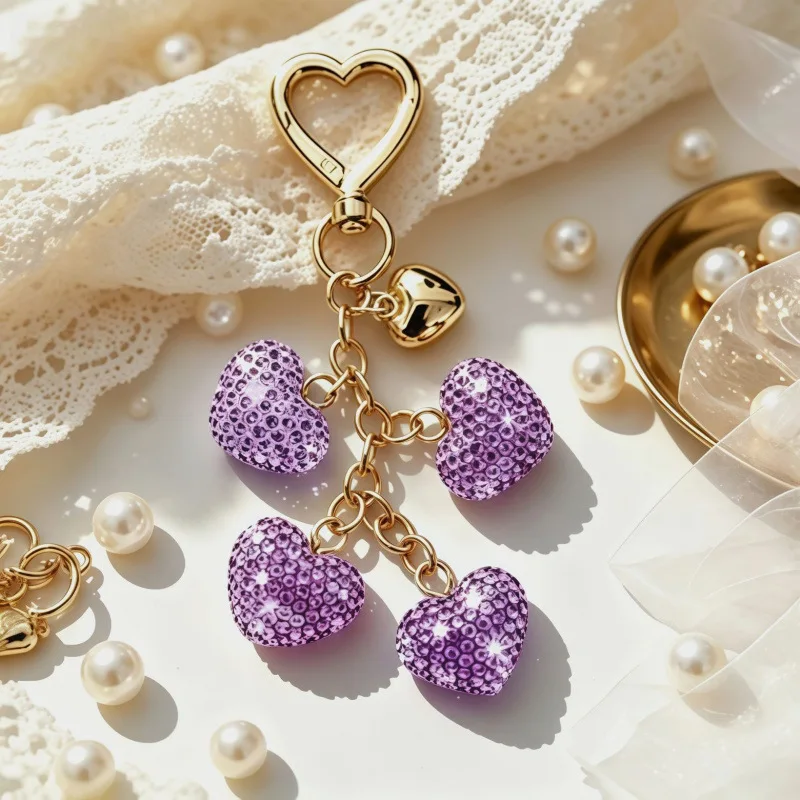 Multi Heart Rhinestone Keychain Layered Crystal Bag Charm Sparkling Tiered Love Pendant Ring For Women Handbag Purse Auto Keys