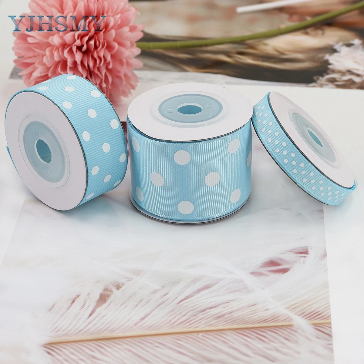 Blue Polka Dot Grosgrain Ribbon for Baby Boy Blue Ribbon for Diaper Cake Welcome Home Baby Shower Favors Gift Box Table Decor