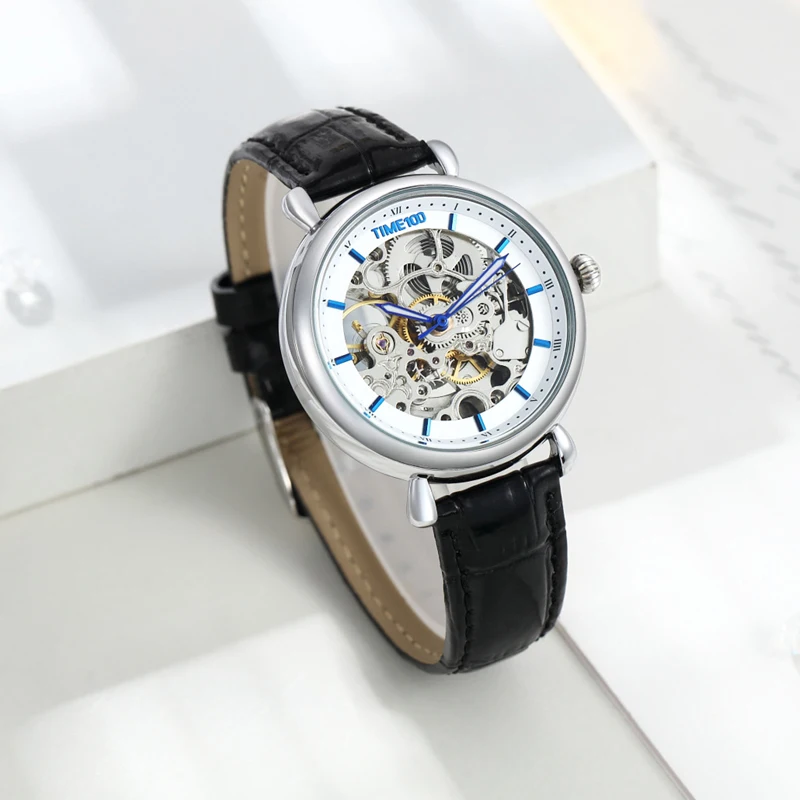 TIME100 Women Mechanical Skeleton Watches Hollow Out Automatic Self-wind Brown Black Genuine Leather Watch women Casual Watches