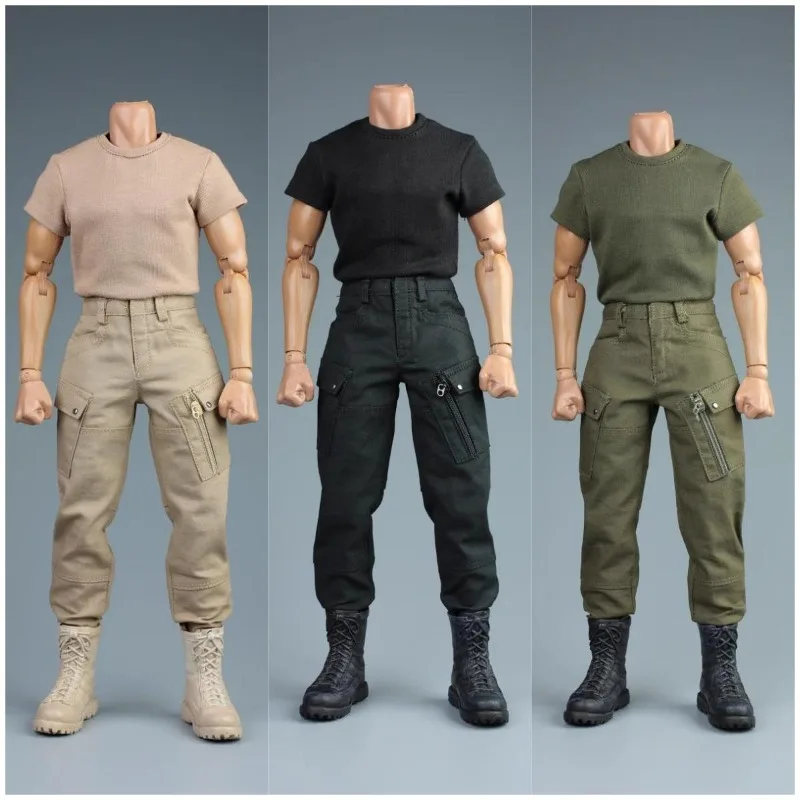 1/6 Scale Male WWI T-shirt Combat Pants Army Green Casual Trousers Soldier Tactical Clothes Model for 12inch Action Figures