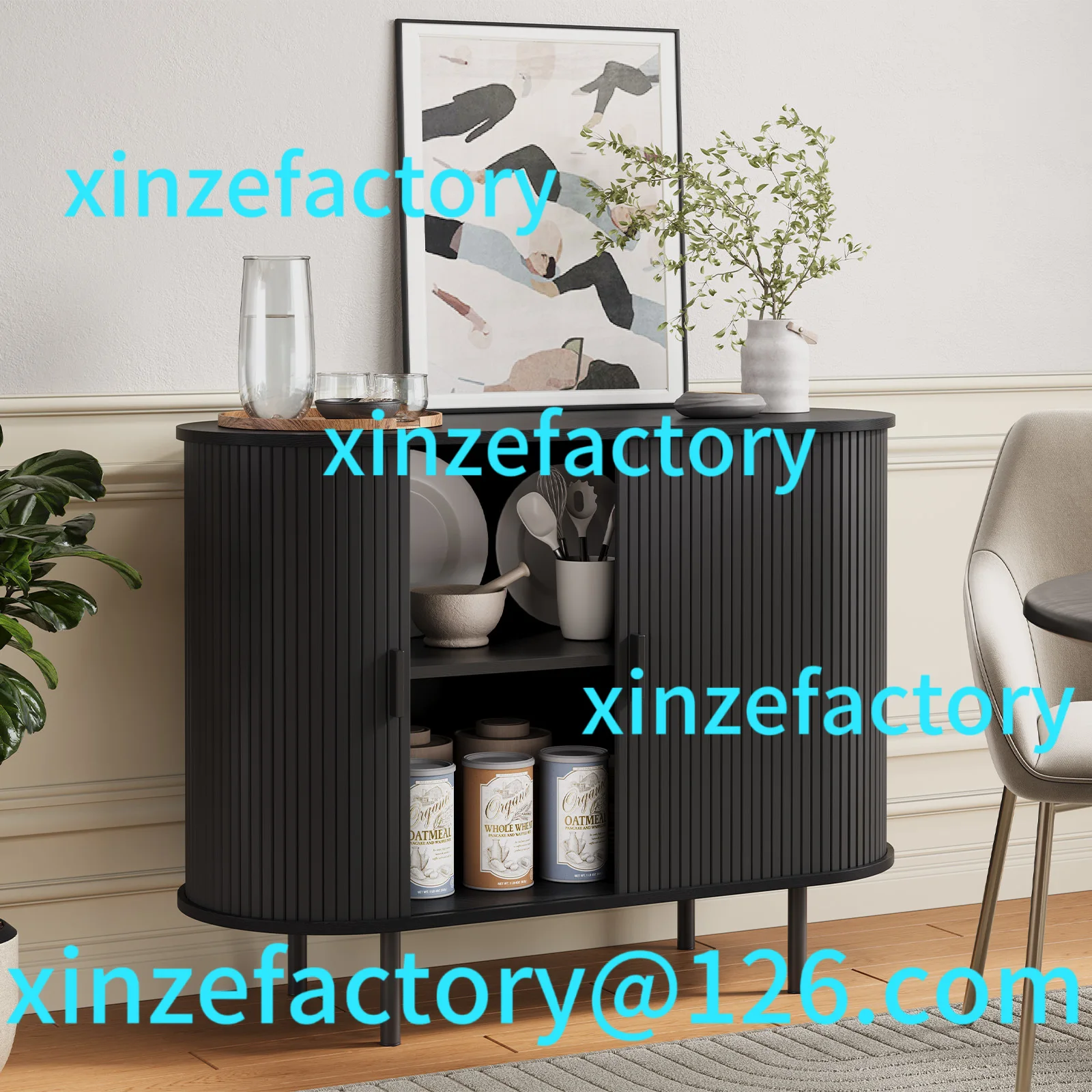 خزانة بوفيه جانبية قابلة للتخصيص مع مساحة تخزين، 40 بوصة مع باب منزلق ورف قابل للتعديل، وبار القهوة