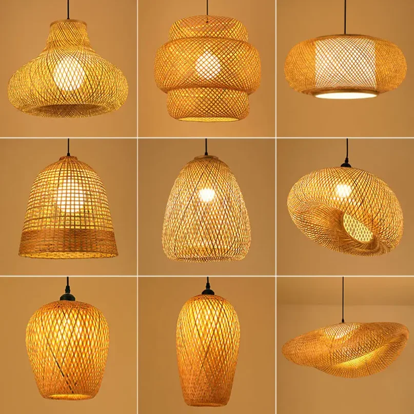 

Bamboo Wicker Rattan Lampshade Rustic Pendant Lamp Weaving Hanging Restaurant Kitchen Chandelier Dining Room Lampe-Rattan Lamp