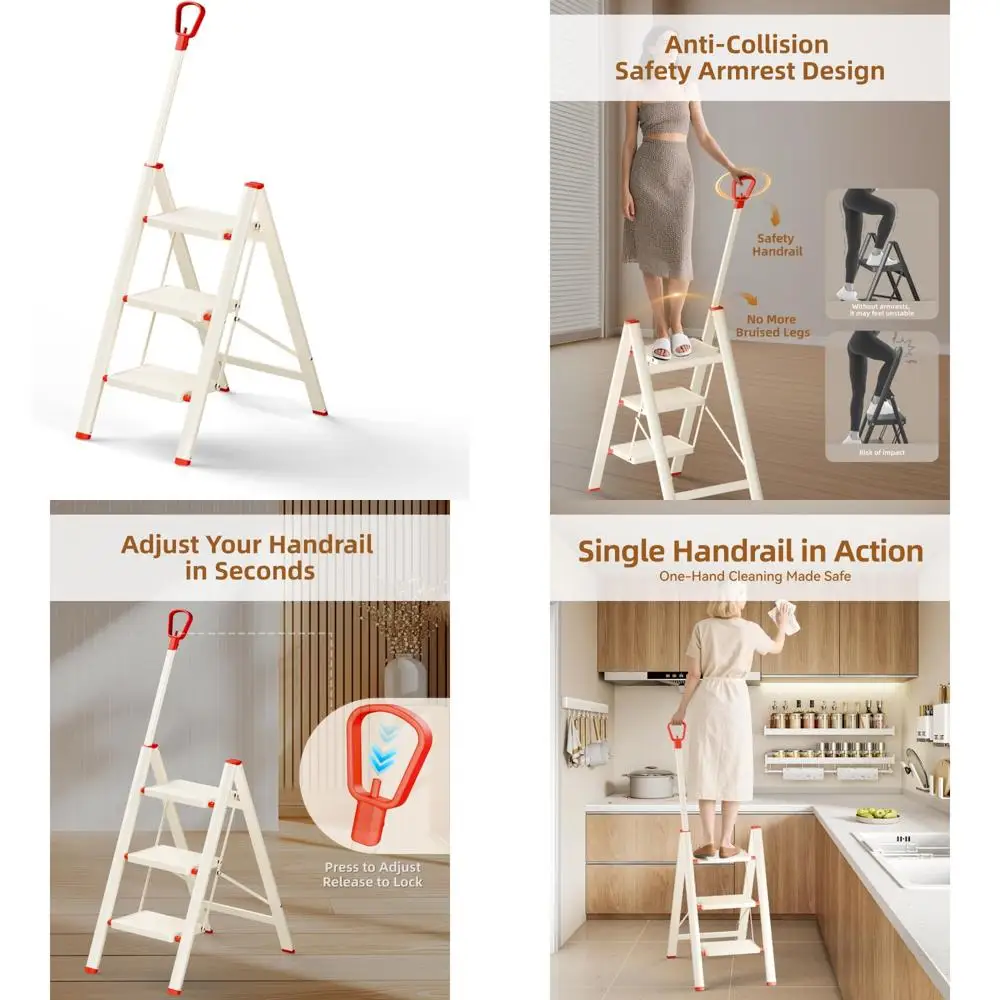 

Anti-Slip Foldable 3-Step Ladder with Handrails for Home, Kitchen, and Closet Use, Wide Pedals for Stability and Safety