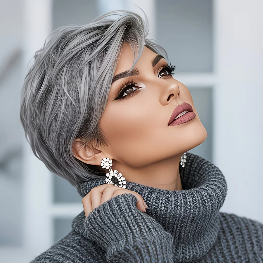 Natural Gray Short Bob Wig with Bangs - Synthetic Wig, Suitable for Daily Wear and Parties, Natural Gray Short Hairpiece image 4