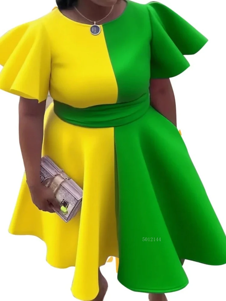 

Elegant African Dresses for Women Autumn Fashion Short Sleeve O-neck Polyester Pleat Party Evening Dress Outfits Ankara Dress