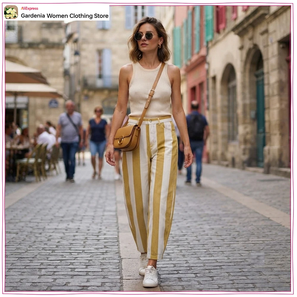 Jeans rayés taille haute pour femmes, nouveauté, coupe fuselée avec rayures contrastées, pantalon stylé pour cow-girls à cinq poches