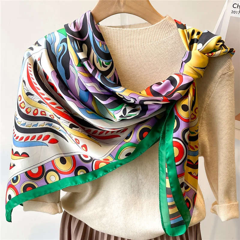 110cm Design Silk Satin Square Scarf Women Shawl 2023 Beach Stoles Big Headkerchief Large Print Spring Wrap New Hijab Bandana