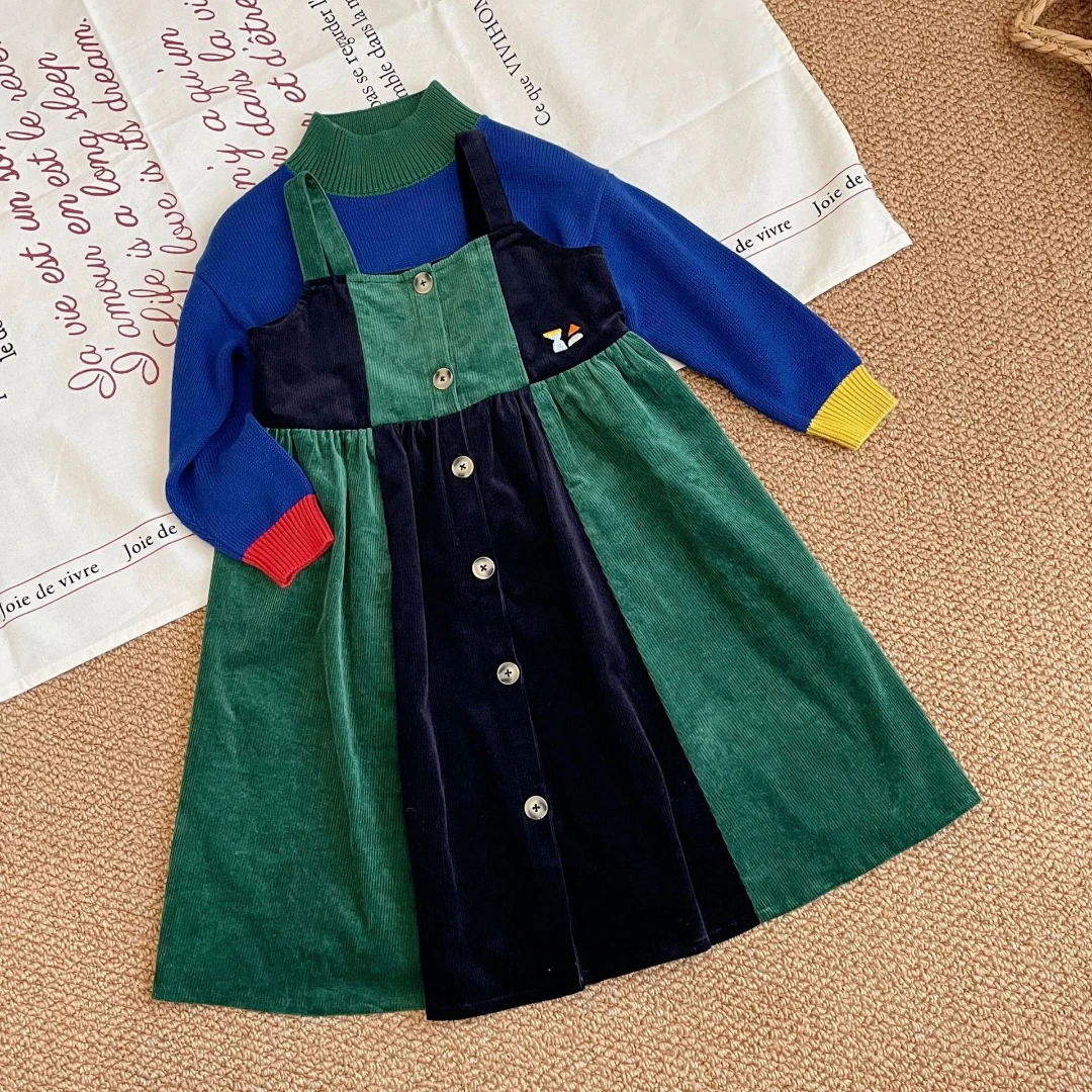 Baby Girls' Sweet Letter Print High Neck Corduroy Suspended Dress - mid Size Versatile Sleeveless Underlay Set for Casual Wear 2