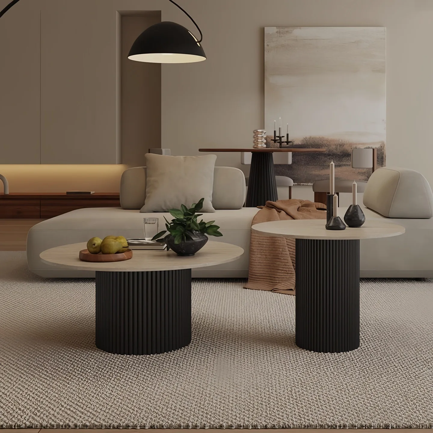 الترافرتين، بلاطة الصخور، طاولة القهوة، المجموعة، مستديرة، غرفة المعيشة، منزلية، شقة صغيرة بسيطة، حديثة #4