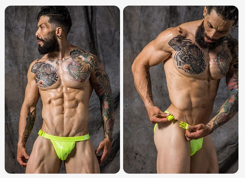 Breathable PU Leather Swim Briefs Sexy Bikini Swimwear Men Bathing Beach Swimming Trunks Shorts Swimsuit Buckle Male Underwear