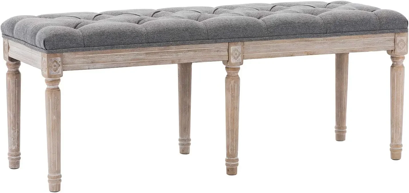 Upholstered Dining Room Bench, Rustic Living Room Ottoman Bench with Carved Pattern & Rustic White Brushed Rubber Wood Legs, Gra