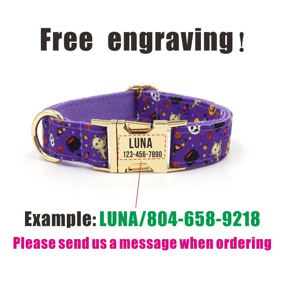 Personalized Dog Collar with Free Engraving, Matching Pet Leash,Customzied Contacts Metal Buckle,Purple Halloween Collar