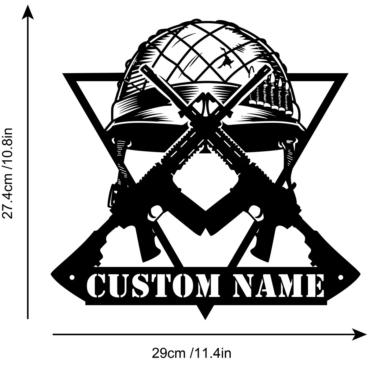 Designed Custom Soldier Helmet Crossing Assault Rifles Metal Wall Art. Personalized with Army Name, Perfect for Home Decor.