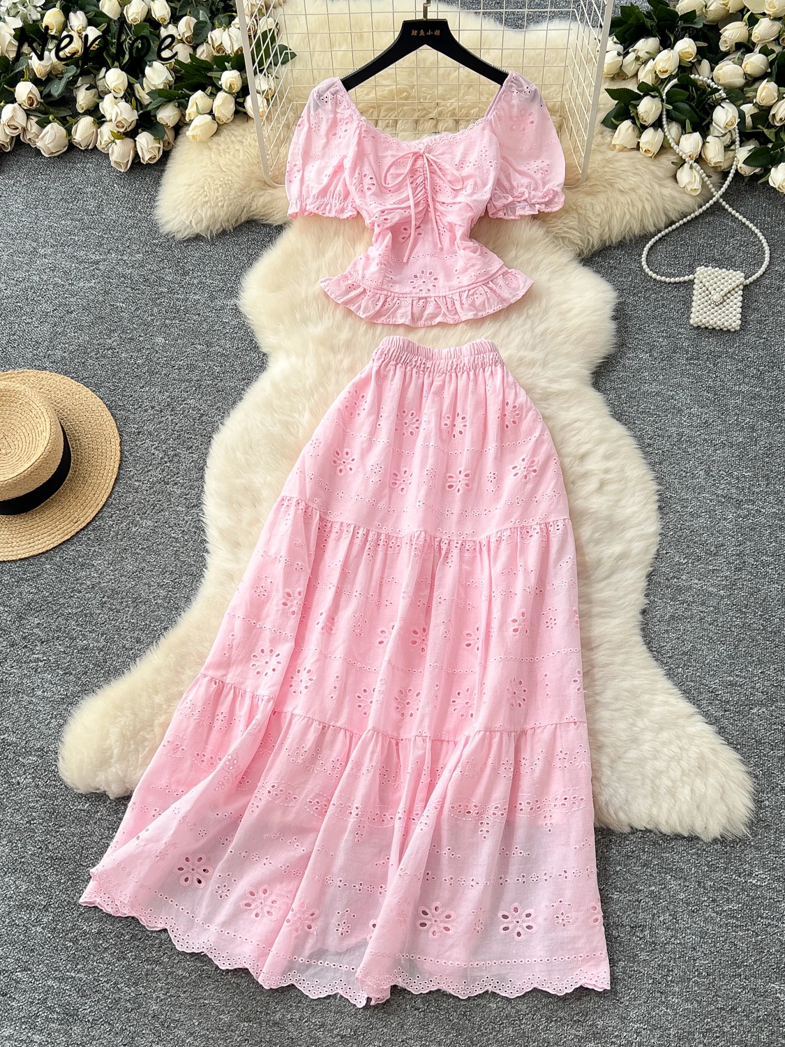 

Neploe Sweet Exquisite Square Collar Puff Sleeve Set Shirt Sets Embroidery High Waist Hollow Out Faldas French Elegant Skirts