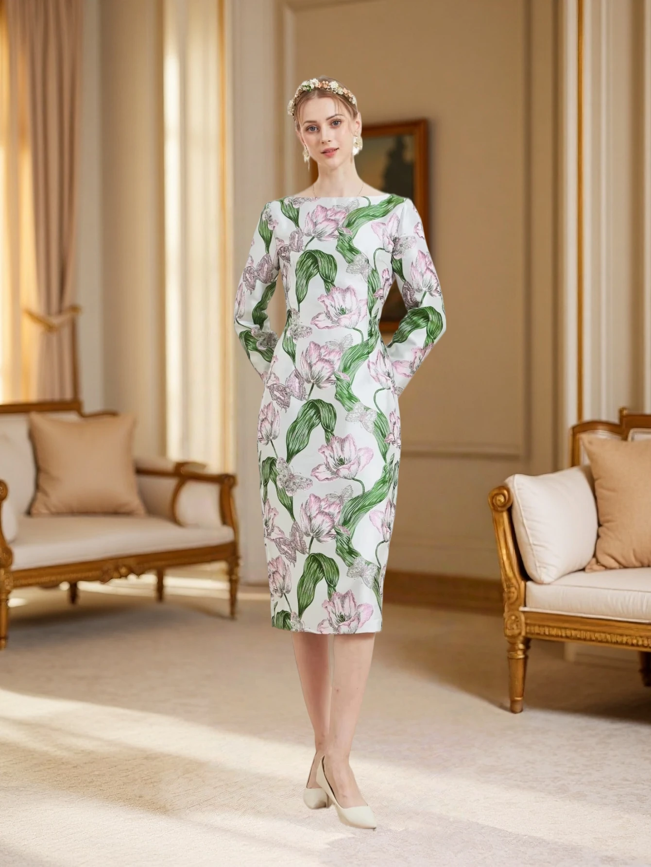 

Vintage Elegant Tulip Print Dress - Flattering Long Sleeve Office Bodycon Dress for Banquets and Formal Occasions