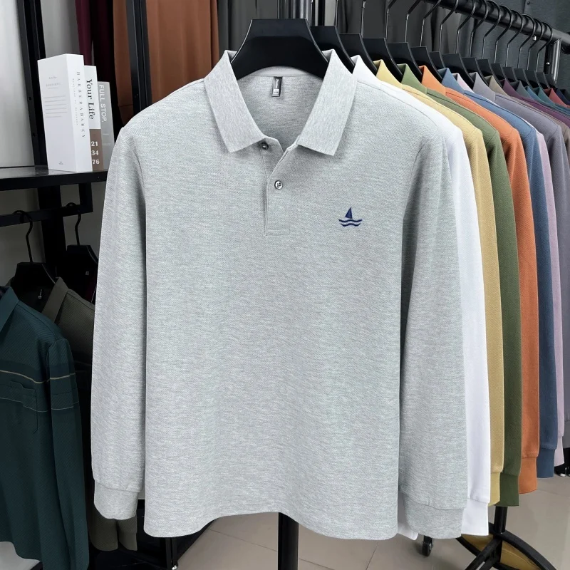 100% pure cotton light luxury brand men's long sleeved polo shirt spring autumn fashion sailboat embroidery top boutique T-shirt