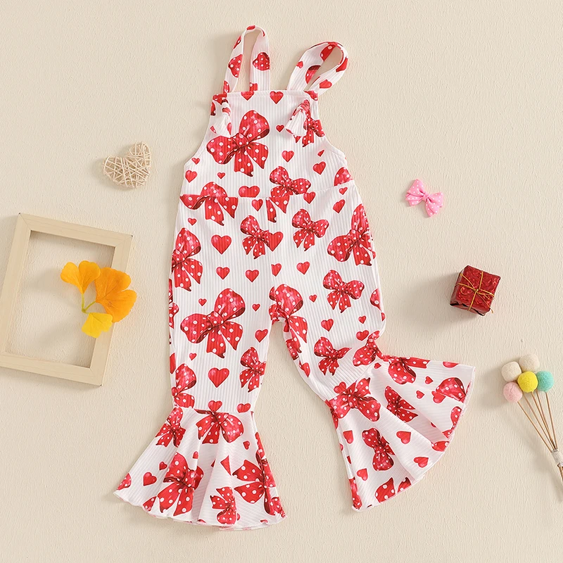 Toddler Girls Romper Jumpsuit Bowknot Heart Print Sleeveless Overalls Kids Valentine s Day Clothes