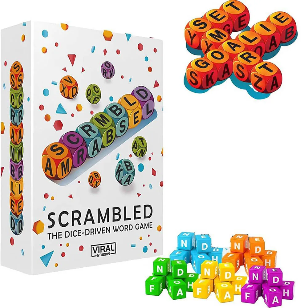 

Plastic Acrylic Color Base with White Mixed-Color English Letters Scrambled Dice Word Game Children's Scrambled Dice Word Game
