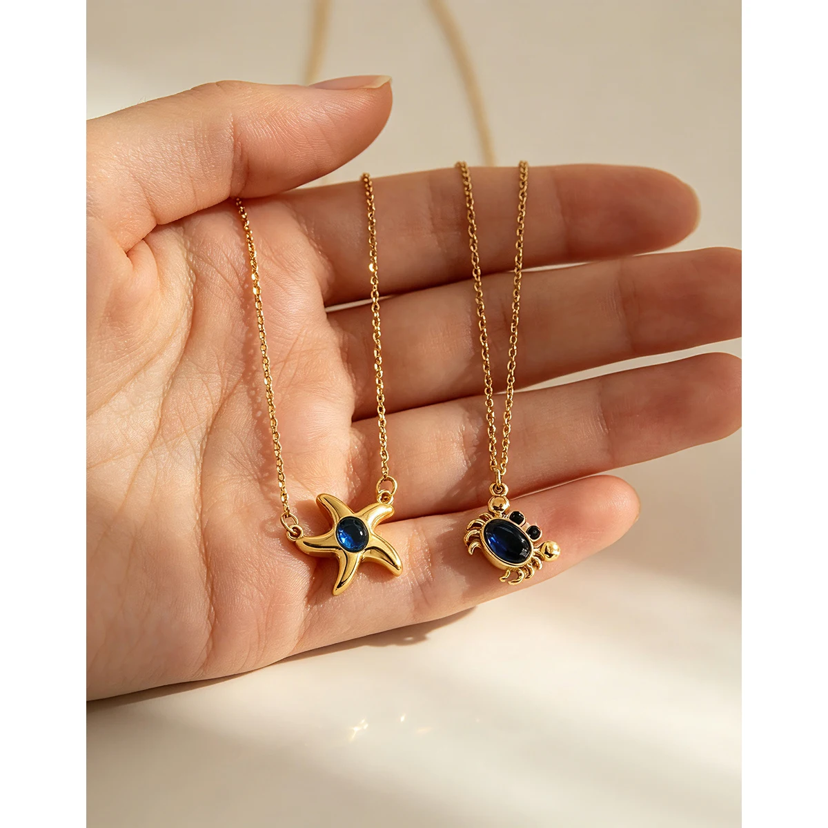 YACHAN 18K Gold Plated Stainless Steel Cute Crab Pendant Necklace for Women Blue CZ Ocean Animal Jewelry Waterproof